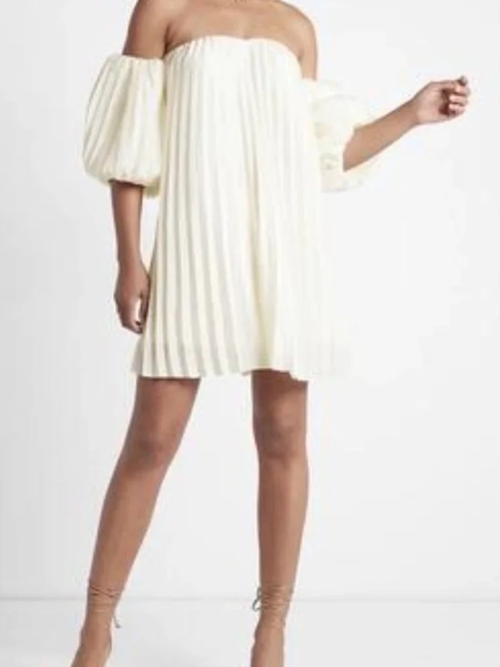 NWT EXPRESS Off the Shoulder Ivory Pleated Puff Sleeve Mini Dress S Bridal Party